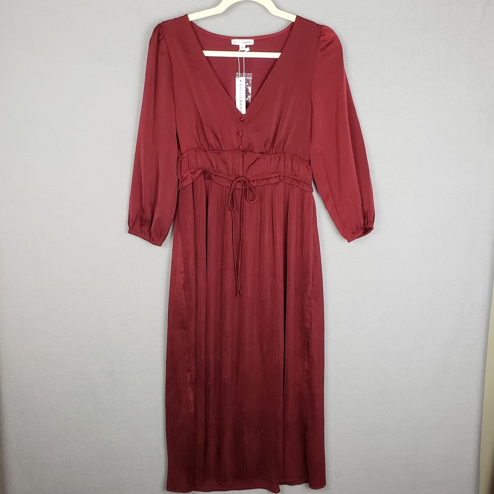 Baltic Born Size S Gabriella Satin Midi Dress Merlot Red Long Sleeve Holiday NWT